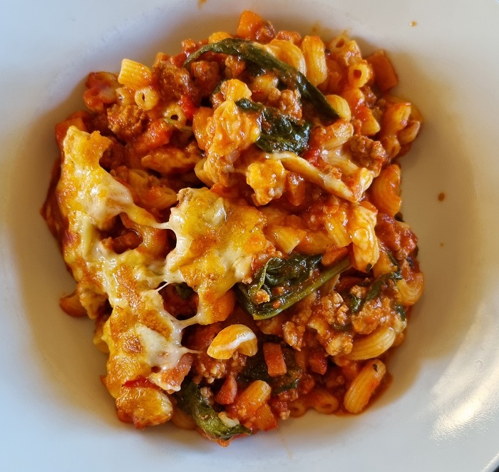 spicy bolognaise pasta bake in bowl