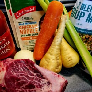 Ingredients for beef and vegetable soup