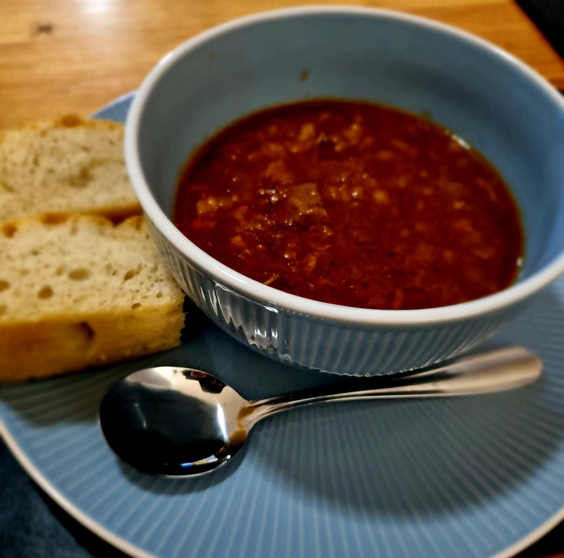 Thick beef and vegetable soup in bowl