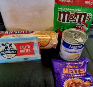 Ingredients for Christmas M&M Slice