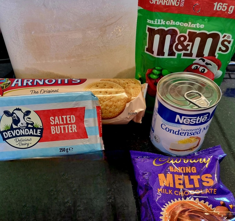 Ingredients for Christmas M&M Slice